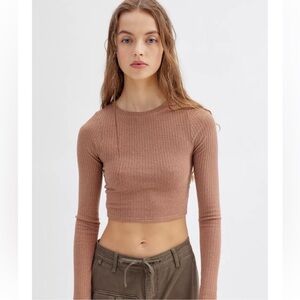 Urban Renewal Remnants Brown Ribbed Long Sleeve Crop Top Baby Tee Size XS